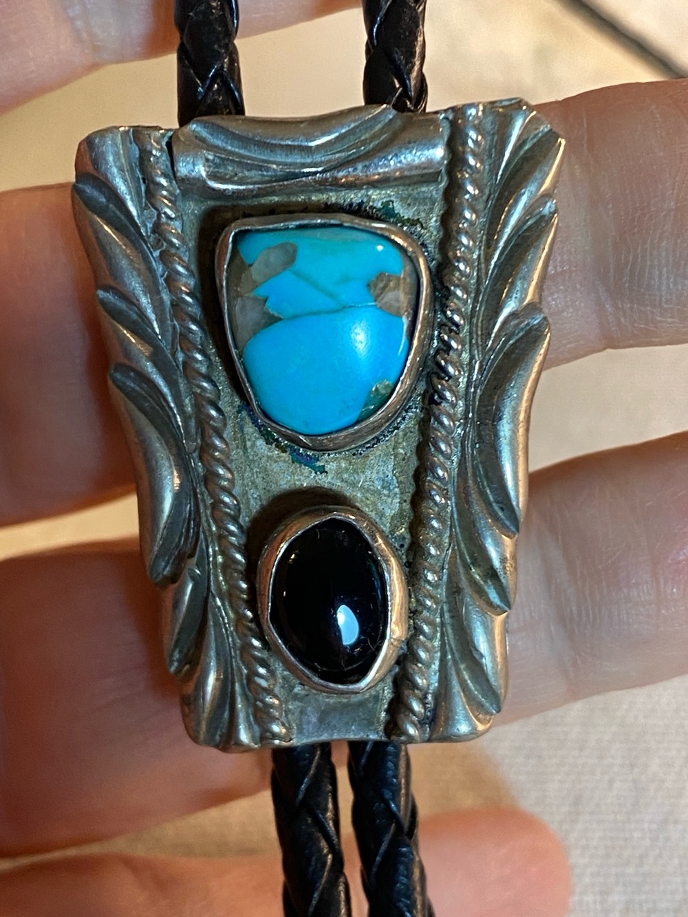 Vintage Turquoise & Onyx Bolo Tie Nickel Silver Western Artisan